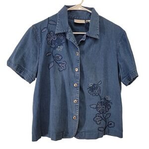 Alfred Dunner Women 14 Blue Denim Floral Embroider Short Sleeve Button Up Shirt